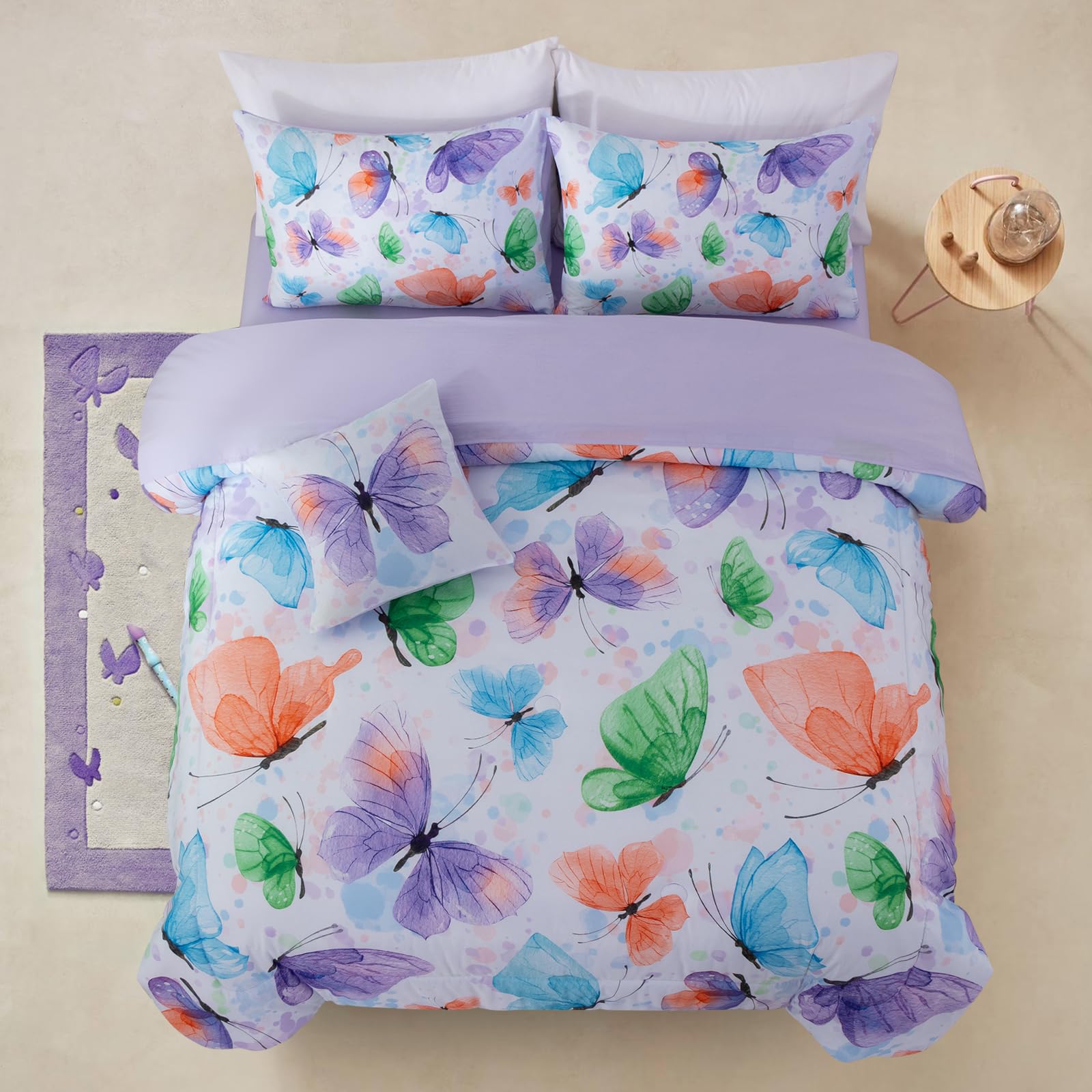 A Nice Night 6pcs Bed in A Bag Watercolor Ink Wash Tie-Dye Butterfly Flying Printed, Butterflies Bedding Comforter Set, Purple Green Full Image
