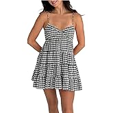 Women Y2k Gingham Dress Spaghetti Strap Tie Back Plaid Mini Dresses Summer Flowy Smocked Sundress