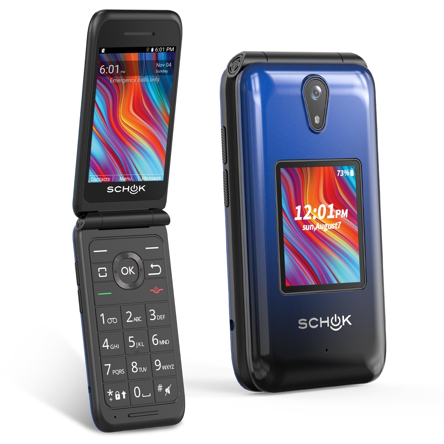 Schok 4G Flip Phone Unlocked, 3.2" Dual Screen Flip Phones for Seniors & Kids, Basic Phone for Travel，AT&T/T-Mobile Compatible, Big Button, Replaceable Shells (Blue/Red)