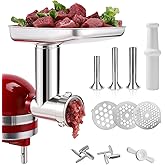 Stainless Steel Food Grinder Attachment for KitchenAid Stand Mixer, Durable Meat Grinder, Includes 3 Grinding Plates, 3 Sausa