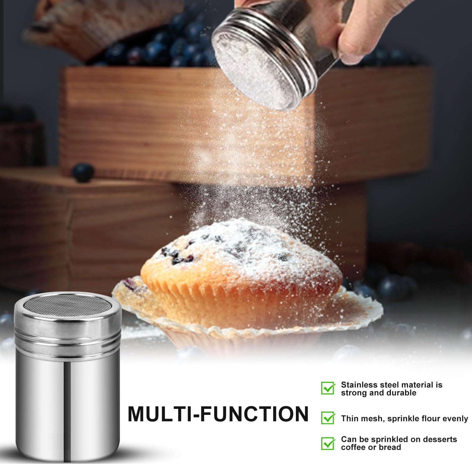 Flour Sifter Stainless Steel,5 Cup Flour Sifter for Baking,3 in1 Sifter for Baking with Powdered Sugar Shaker Duster, Flour Shaker Duster for Baking Cakes, Pastries, Pies, Cupcakes and Desserts