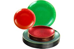 Rubtlamp 60 Pcs Christmas Plasitc Plates, Clear Green Red Plastic Plates With Gold Rim,Red And Green Hammered Plasitc Plates,Include 30 Red Dessert Plates,30 Green Dinner Plates, Perfect For Christmas