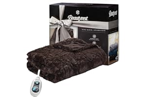 Beautyrest Long Brushed Faux Fur Ogee Textured Design Electric Blanket, Auto Shut Off, Virtually Zero EMF, Multi Heat Setting, UL Certified, Machine Washable, Chocolate Throw 50x60