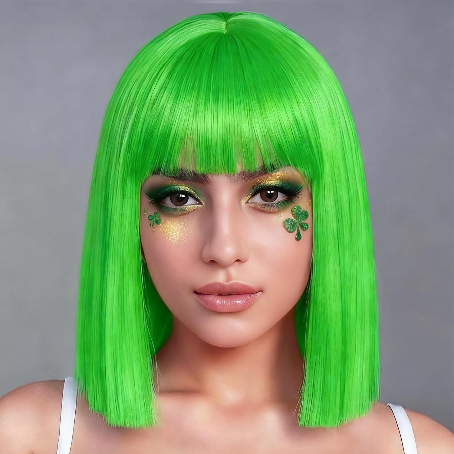 BUYOGET Brigh Green Bob Wigs with Bangs Flat Cut 13 Inch Striaght Shoulder Wigs for Women Cosplay Costume Party Wig