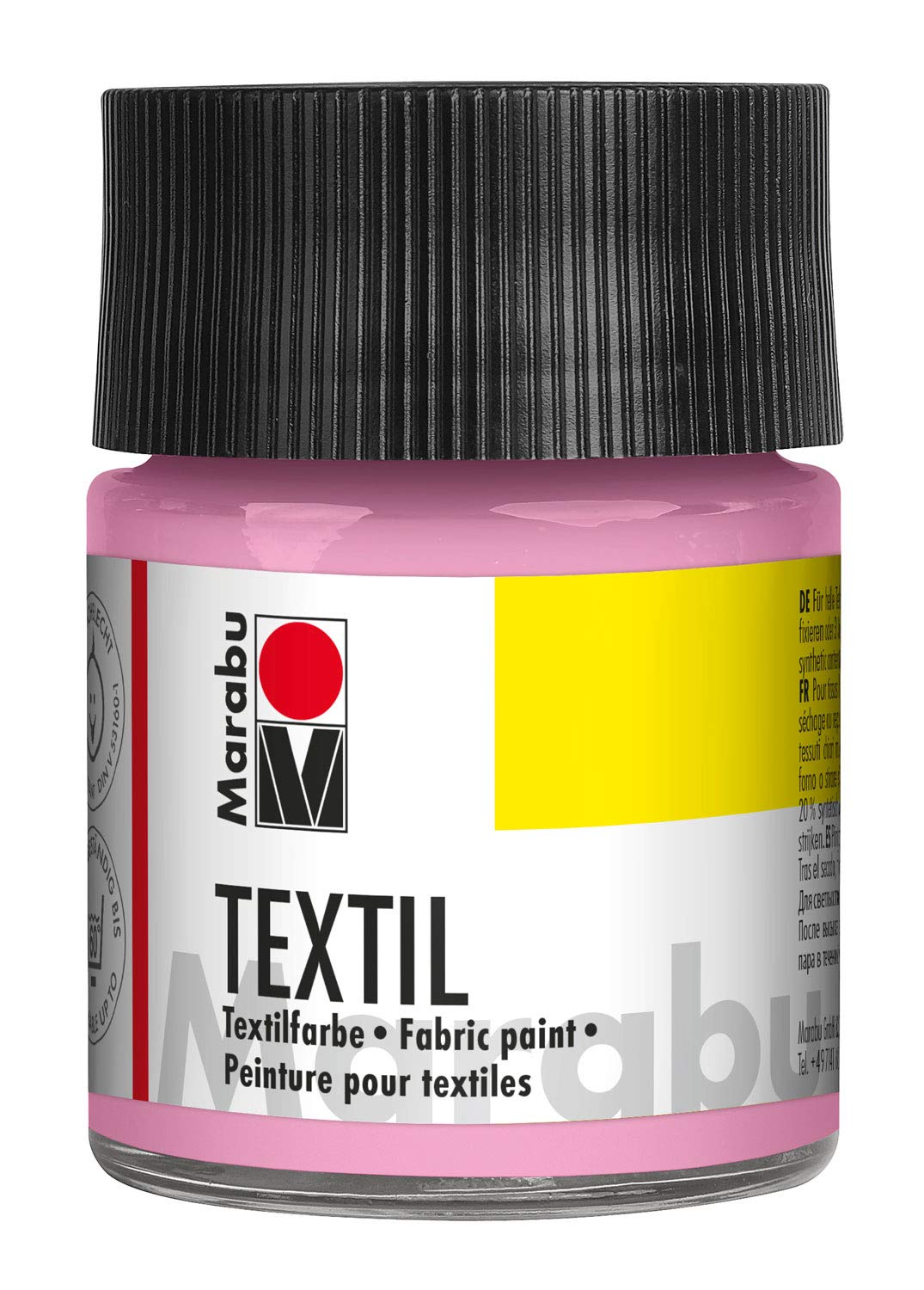 Marabu 17160005236 Textile Fabric Paint for Light Fabrics, Light Pink, 50 ml, Water-based Printing Ink, Washable up to 60°C, Iron or Oven Fixation