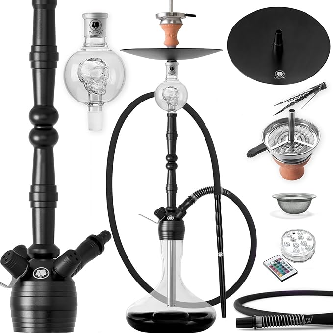 DILAW® MANYAK Shisha Set Hookah 93cm Aluminium Alu ? + LED Licht | Wasserpfeife Kaminkopf Komplettset Molassefänger Silikonsc