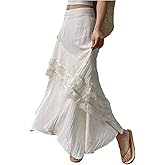 MakeMeChic Women's Summer Beach Ruffle Tiered Lace Trim Maxi Skirt A Line Loose Long Skirts