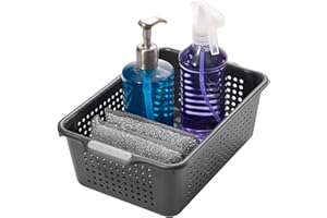 Madesmart Plastic Multipurpose Storage Basket with Handles, Portable Under Sink and Cabinet Organizer Storage Bin, Small, Gra