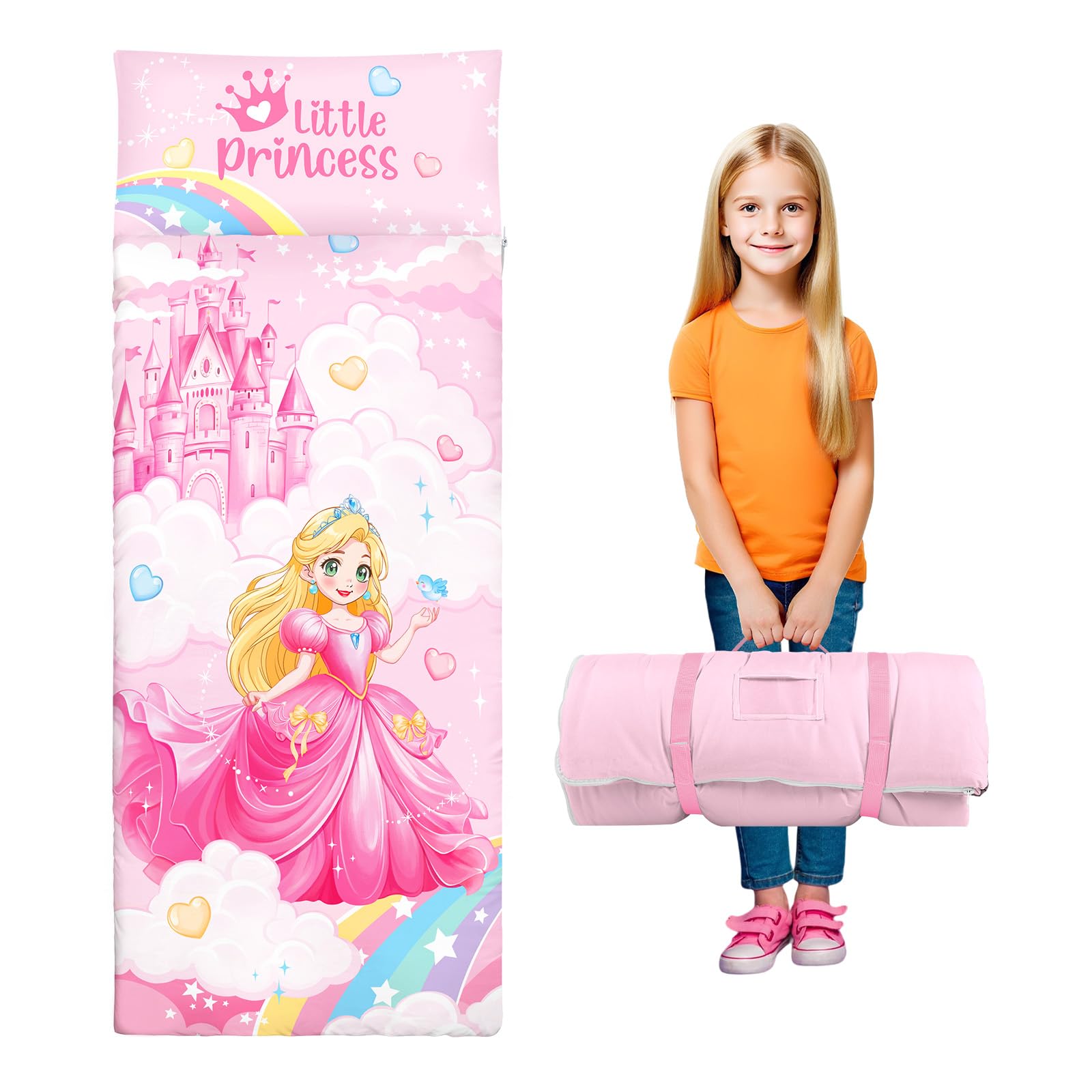 Kids Sleeping Bag with Pillow,Nap Mat for Toddlers Boys Girls, Warm Toddler Slumber Bag 150x60cm, Roll Up Kids Sleeping Mat with Double Zip for Bedroom Daycare Kindergarten,Princess