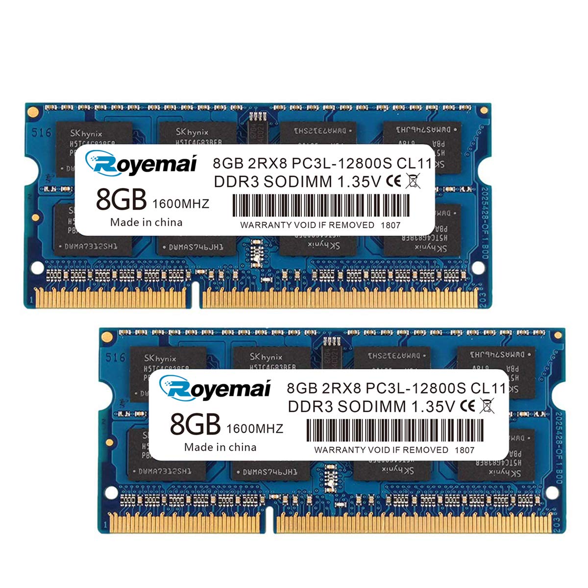 ROYEMAI 16GB Kit (2X8GB) 12800 Sodimm RAM, DDR3 1600 Mhz PC3-12800 8GB Sodimm DDR3/DDR3 PC3/PC3 2Rx8 1.35V/1.5V CL11 Non-ECC Notebook RAM Memory Module for Laptop