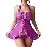 Avidlove Women Lingerie Sexy Open Front Lace Babydoll Dress with Thong Halter Mesh Nightgown XS-5XL