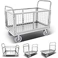 Platform Truck Cart with Cage 4in1 Foldable Platform Truck Heavy Duty Push Cart Dolly W/Swivel Wheels 1800lbs Capacity Flatbed Hand Truck Dolly Cart Multipurpose for Grocery/Laundry/Stall/Storage