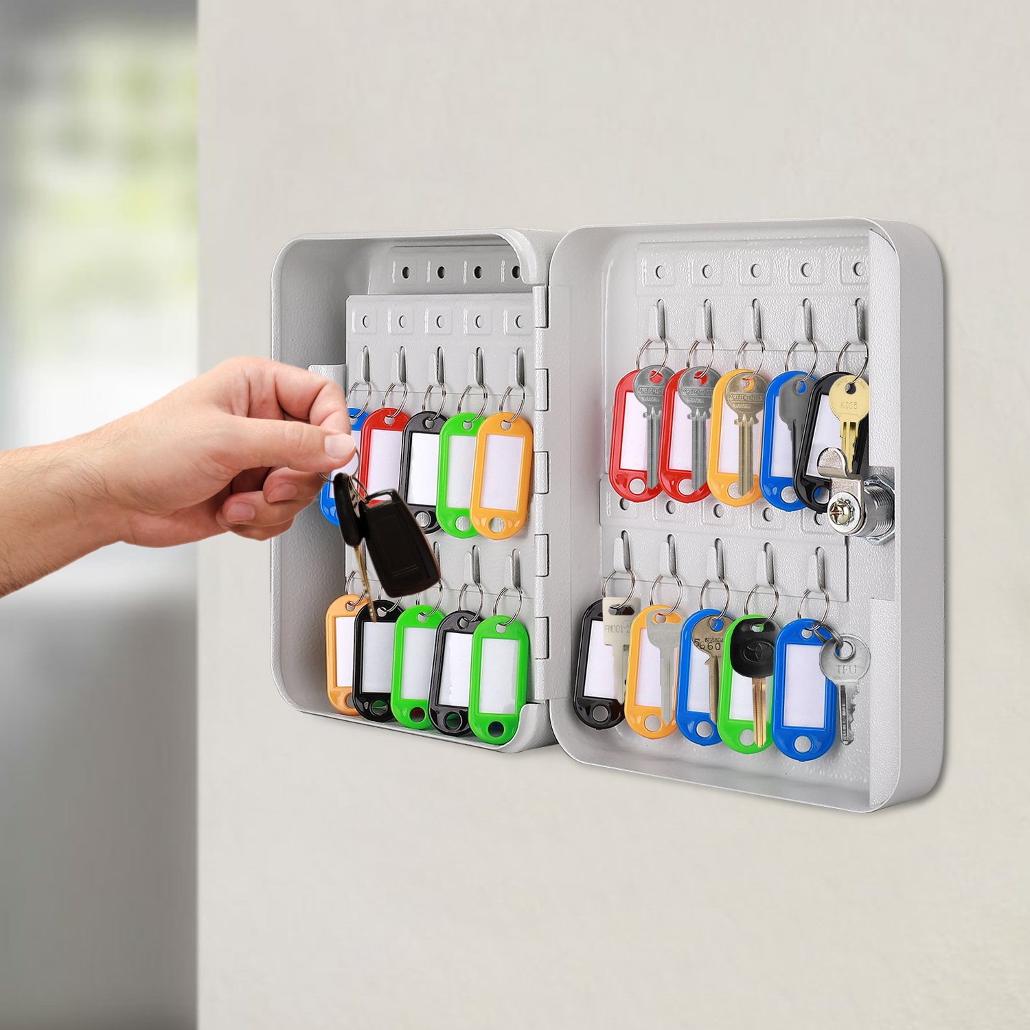 Flexzion Key Cabinet Steel Lock Box with 40 capacity Colored key Tags & Hooks - Wall Mounted Safe Organizer, Security Storage Lock Box System for Homes, Hotels, Schools or Business (Gray)
