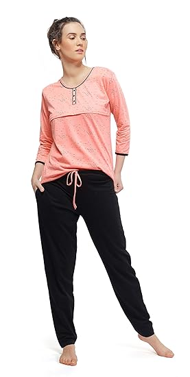 Women's Cotton Peach & Black Feeding Night Suit,Unique Print Nursing Night Dress