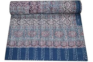 The Harry Creations 100% Cotton Throw Block Ajrak Sofa Print Cover Hand Bohemian Bedspread Vintage Hand Cover Stitch Blanket Quilt (Blue-Red, King 90" x 108")