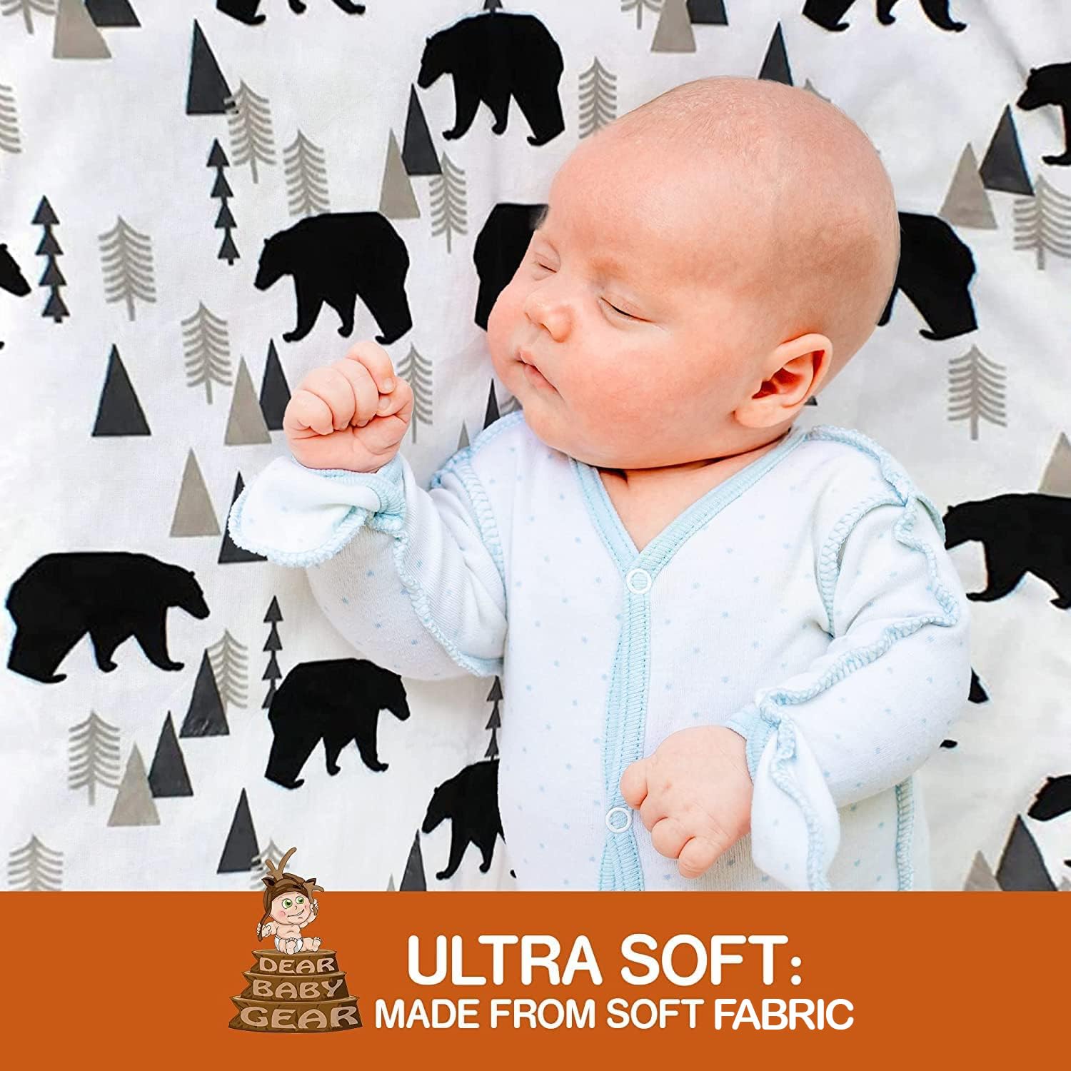 Dear Baby Gear Reversible Baby Blankets - Soft Nursery Blanket for Newborn - Toddler Blankey - Throw Blanket for Boys & Girls - Infant Blankets -40x30 (Black Bears, Geometric Trees/Black&White Plaid)