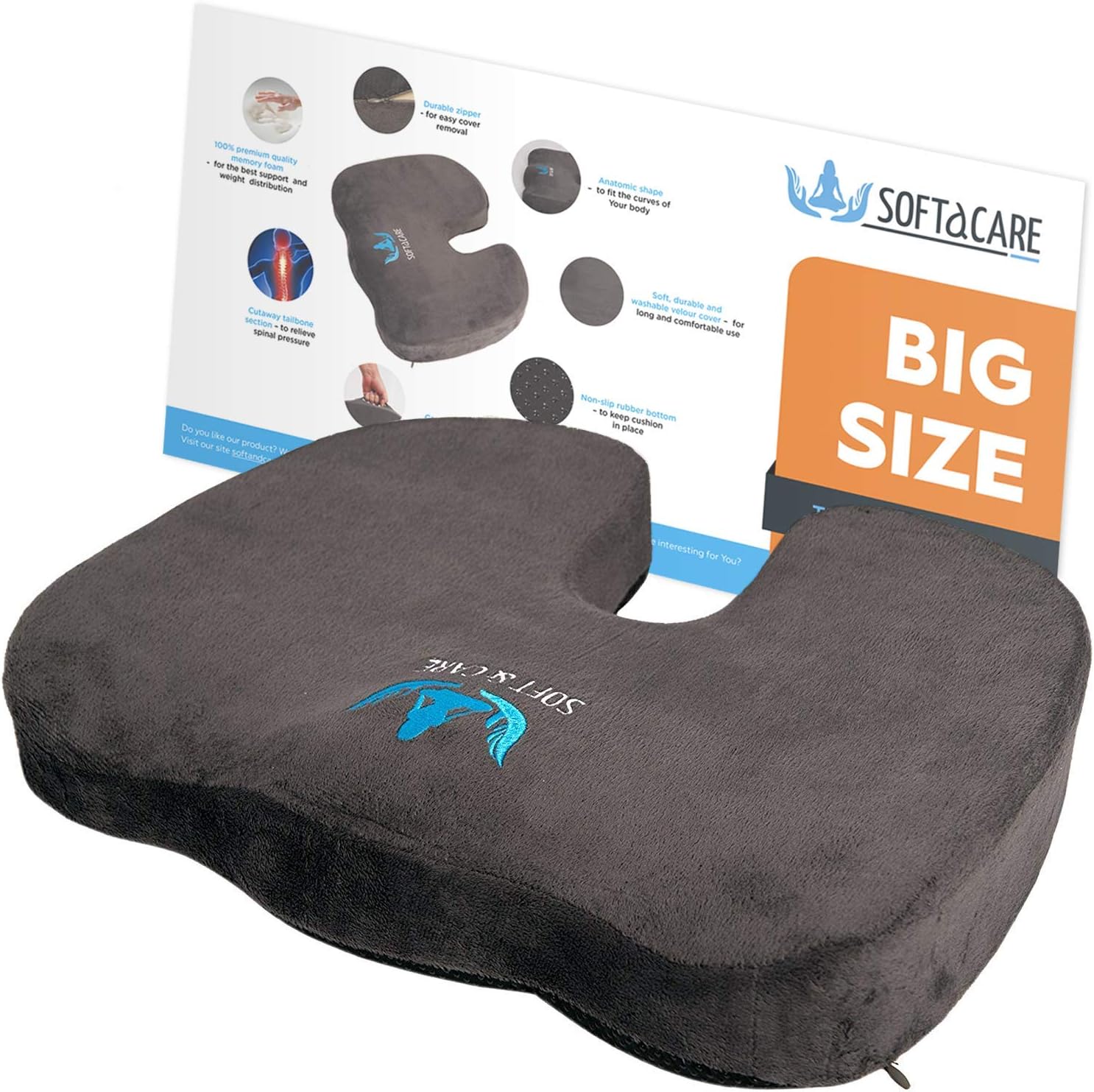 SOFTaCARE Best Seat Cushion - Big Cushion Seat - Office Chair Cushion 18"x16"x3 1/2"- Chair Pillow Memory Foam! Ideal Car Seat Cushion-Coccyx Cushion-Relieve Your Pain Size has The Meaning (Dark Gray)