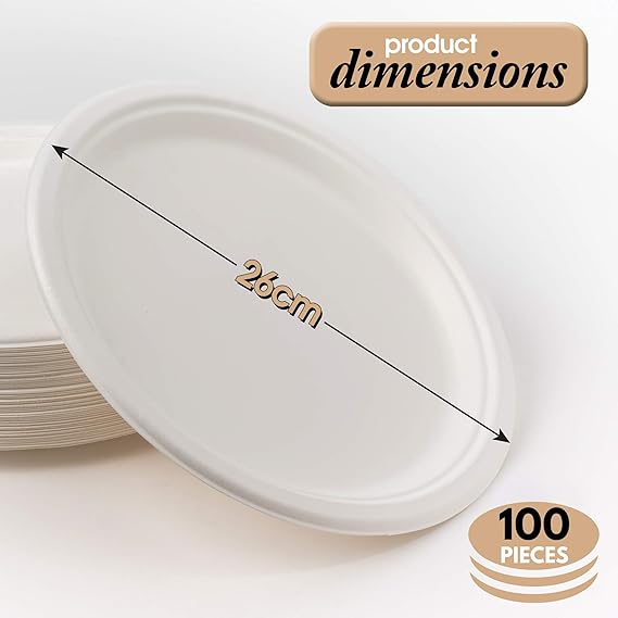 100 Platos Desechables de Papel de Caña de Azúcar, 26cm - Rigido y ...