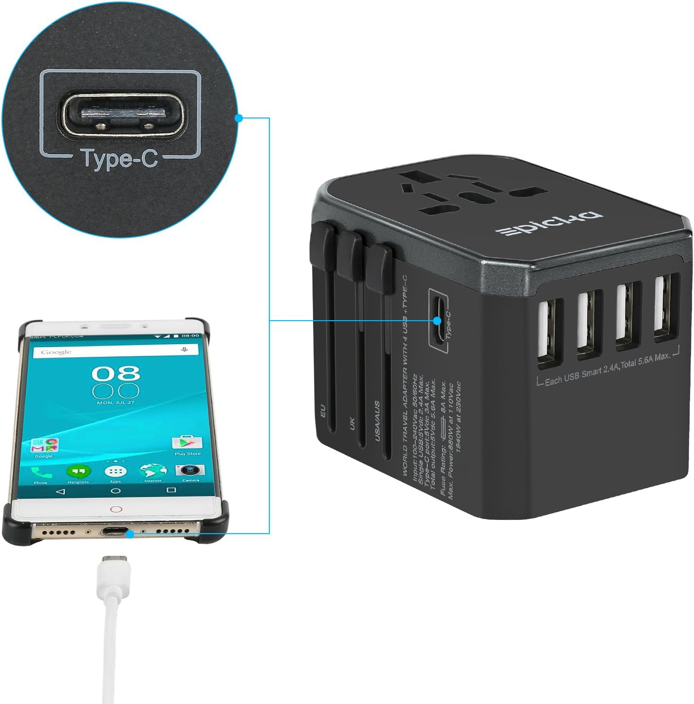 EPICKA Universal Travel Adapter One International Wall Charger AC Plug Adaptor with 5.6A Smart Power and and 3.0A USB Type-C for USA EU UK AUS - - 