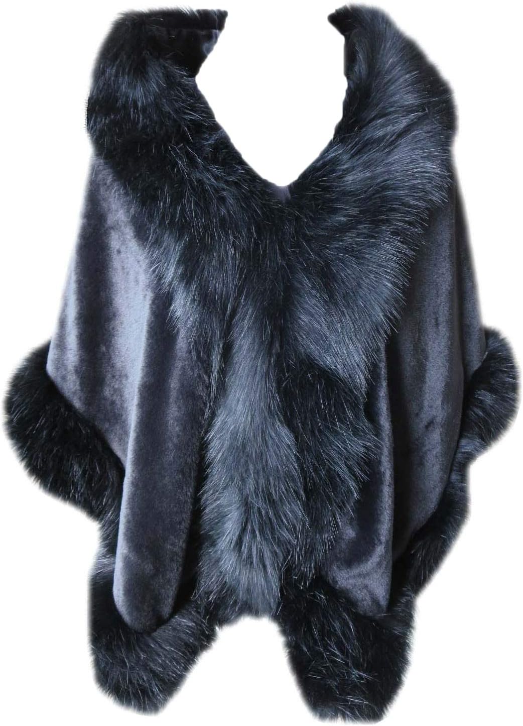 DTLDWN Women's Faux Rex Rabbit Fur Cape Poncho with Faux Fox Fur Trim Shawl Coat Wedding Party