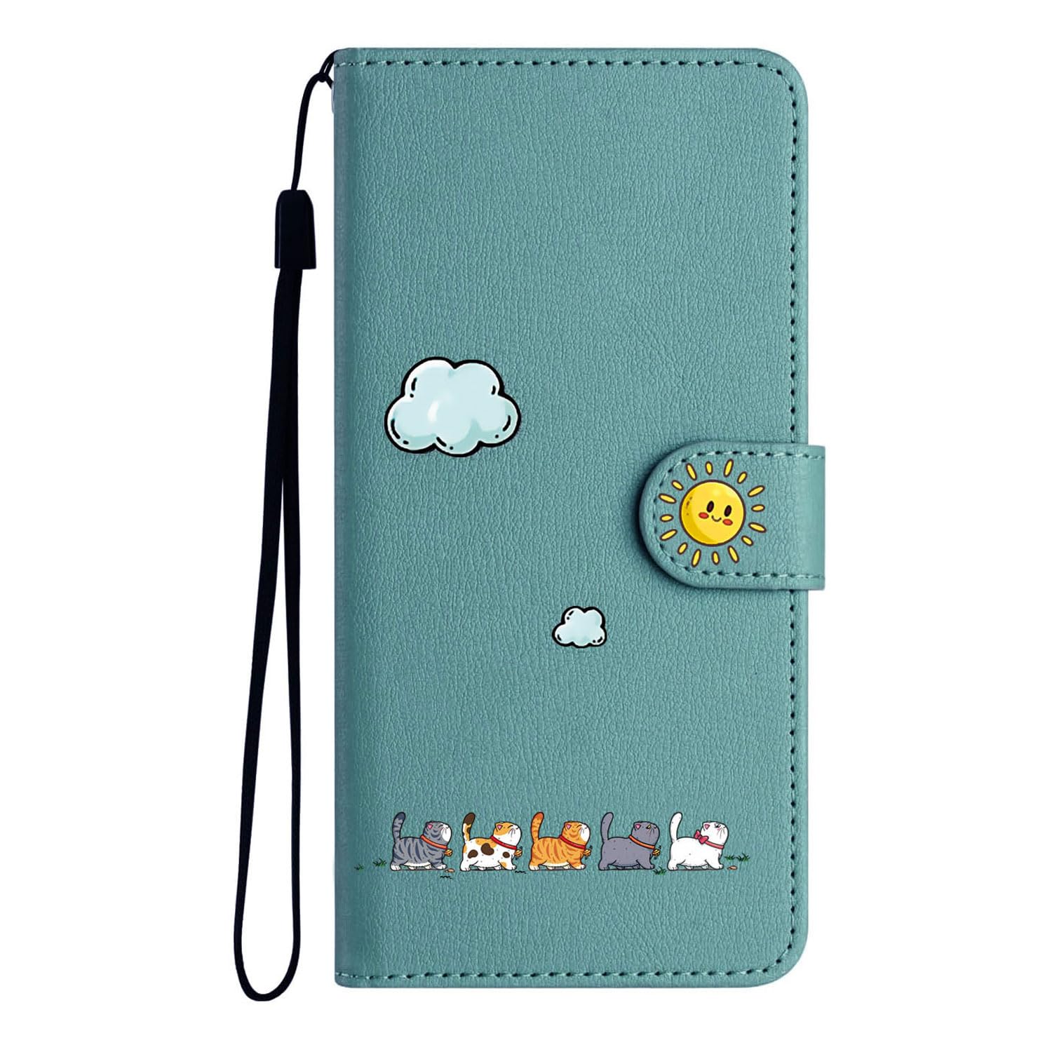 FALUWONRU Case for iPhone 13,Colorful Cute Cats Leather Flip Phone Case Wallet Cover with Creative Magnetic Protective Shockproof TPU Shell,Kickstand,Card Slots -Cyan/Green