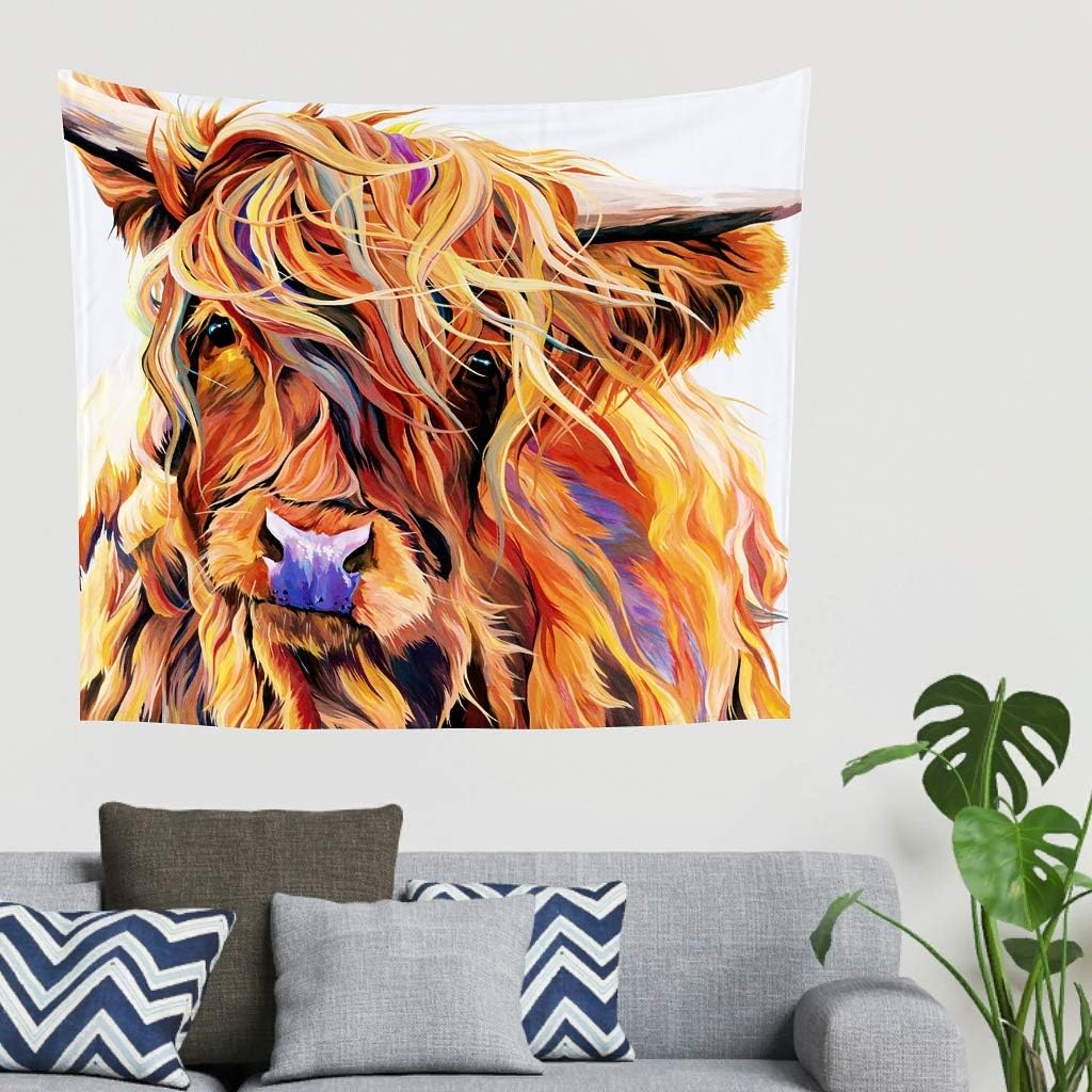 Festhad Watercolor Brown Highland Cow Cattle Painting Wild Yak Animal Artwork Print Wall Hanging Tapestry Colorful Wall Tapestry Mandala Wall Art Room Divider Home Decor White 4059