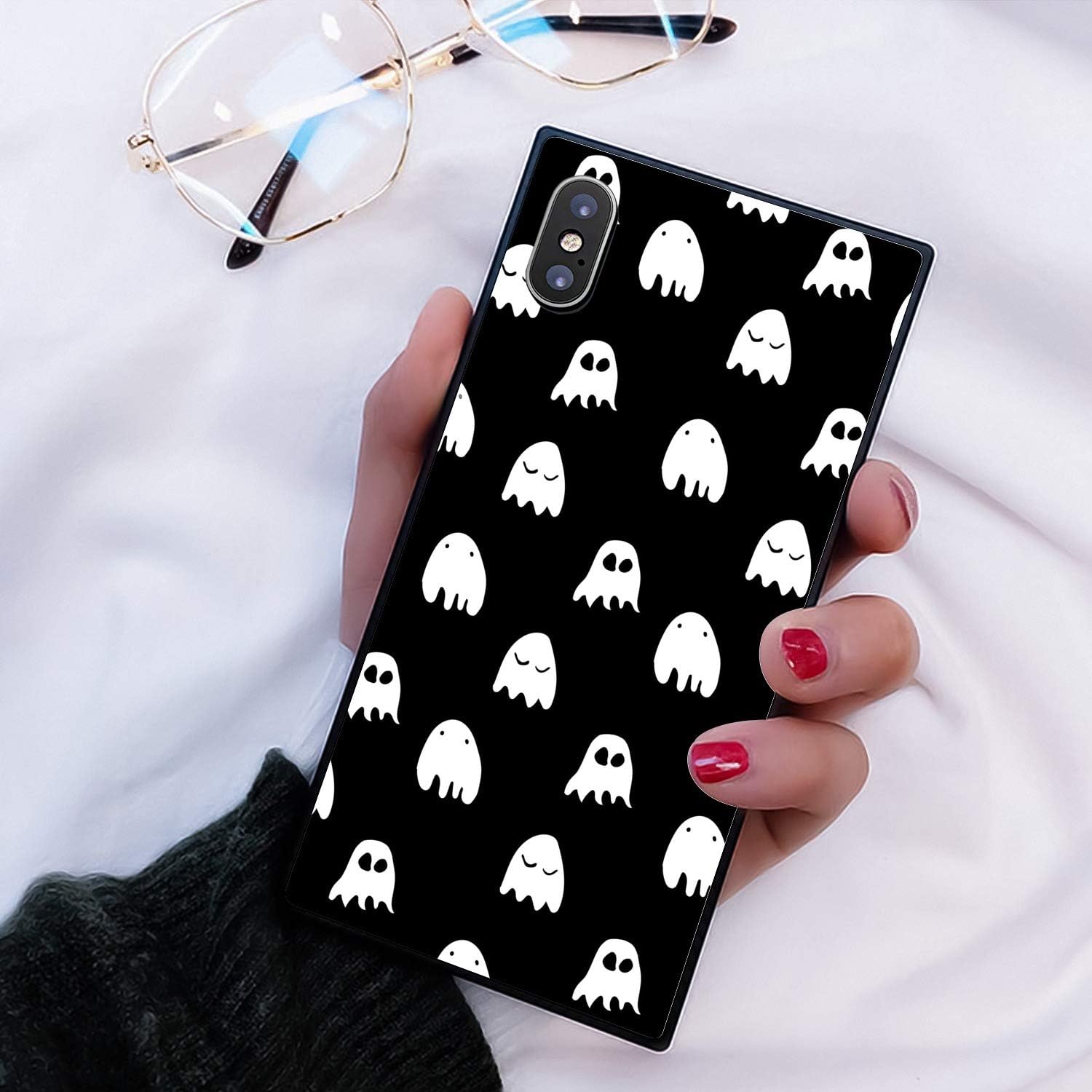 Square Little Ghost iPhone Xs Max Case, JQLOVE All-Inclusive Full-Body Shockproof Protective Phone Cover, Case for iPhone Xs Max/Plus Little Ghost