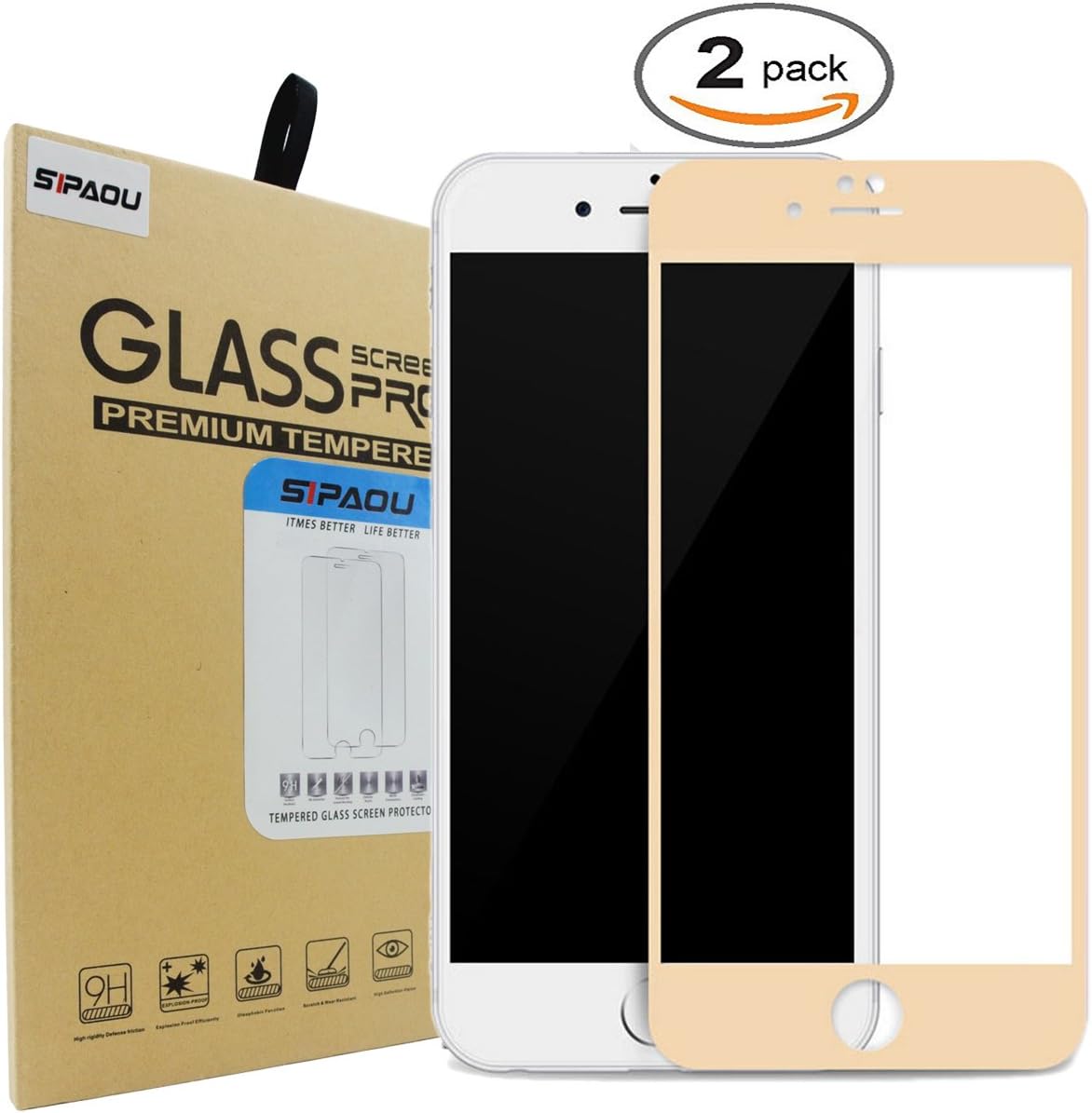 [2 Pack]iPhone 8 Plus/7 Plus Screen Protector, SIPAOU 2.5D Edge Full Cover Tempered Glass Screen Protector for iPhone 8 Plus/7 plus, Anti Scratch/Fingerprint, Worry-Free Install(5.5 Inch HD Gold)