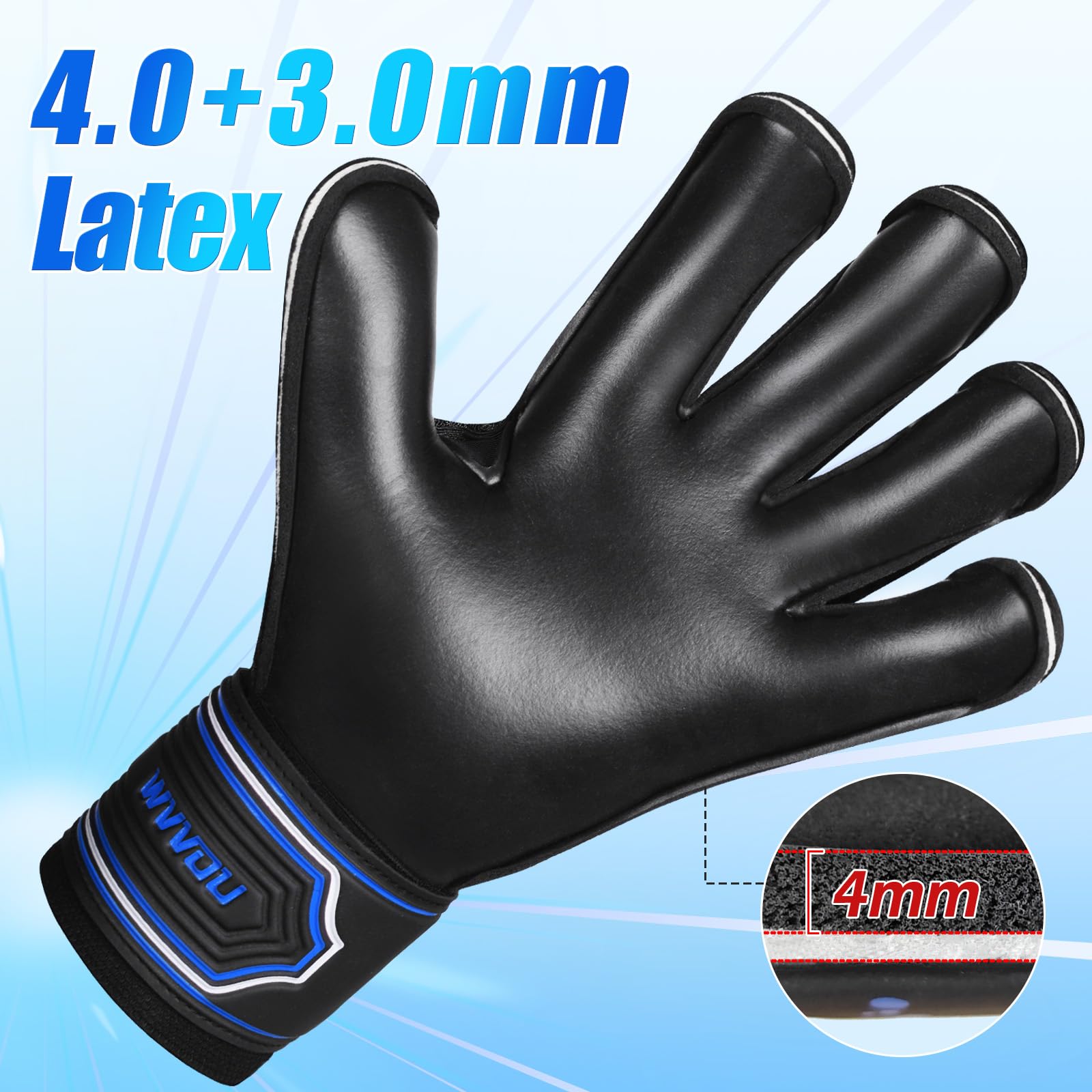 WVVOU Torwarthandschuhe Kinder und Herren Größe 9 Schwarz, Abnehmbarer Fingersave, 4+3 mm Latex, rutschfest, Fußball-Training und Spielbetrieb, Atmungsaktives Netz 9
