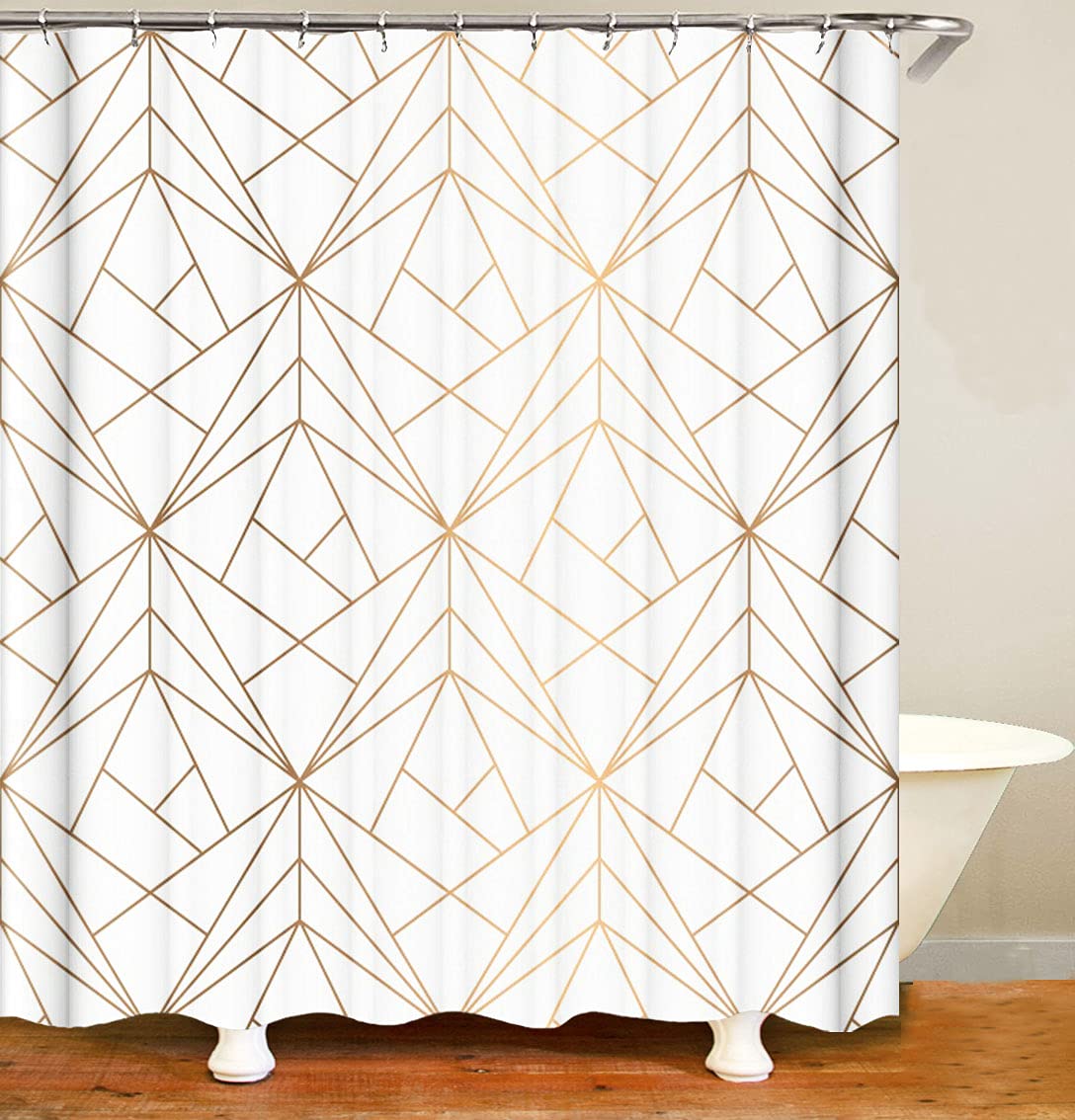 M&W DAS DESIGN Shower Curtain Gold Line Triangles Bathroom Textile Curtain Anti-Mould Effect Washable Shower Curtain 12 C-Rings Weight Bottom 180 x 200