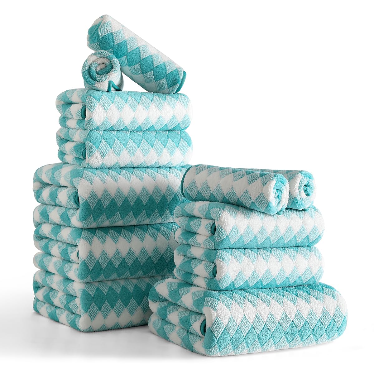 View 1 of 12 Pcs Aqua White Diamond Towel Set-4 Bath Towels,4 Hand Towels,4 Washcloths Soft Polyester Towels with Loop Absorbent Shower Towel Quick Dry Beach Chair Towel Family Towels for Bathroom Spa Gym Pool