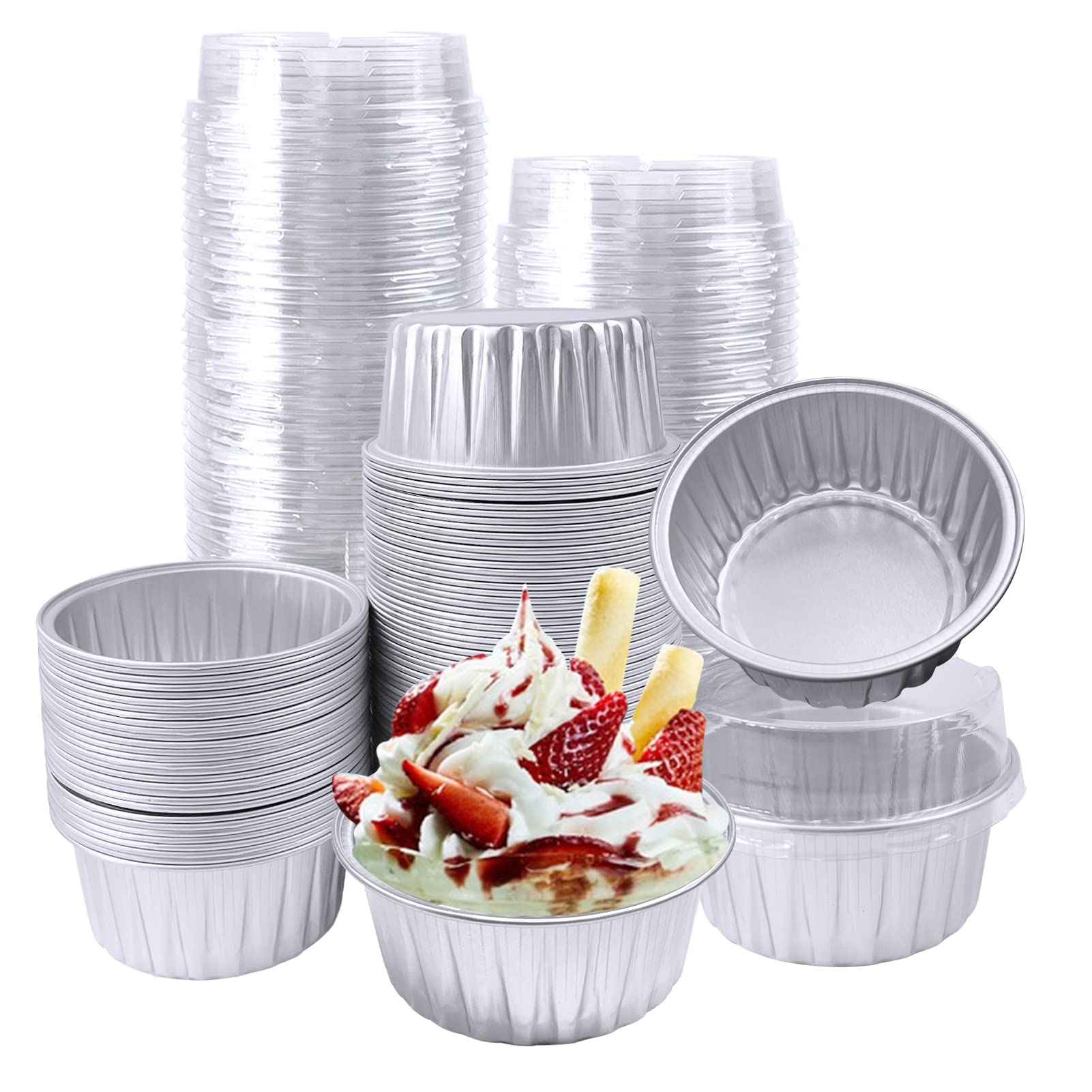 Photo 1 of Aluminum Cups with Lids,5oz Disposable Ramekin Baking Cups Muffin Liners Mini Pie Pans Foil Cupcake Containers for Christmas Party Wedding,Silver