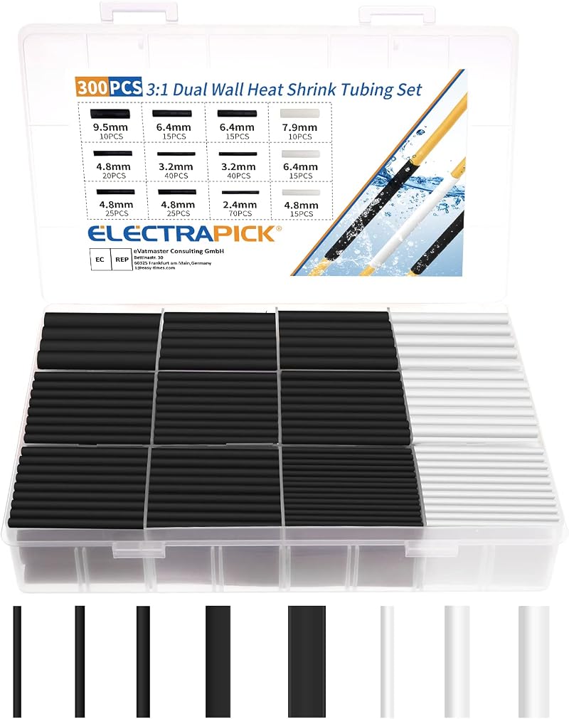 ELECTRAPICK Heat Shrink Tube Set 300pc Adhesive Lined 3:1 Shrink Ratio 6 Sizes