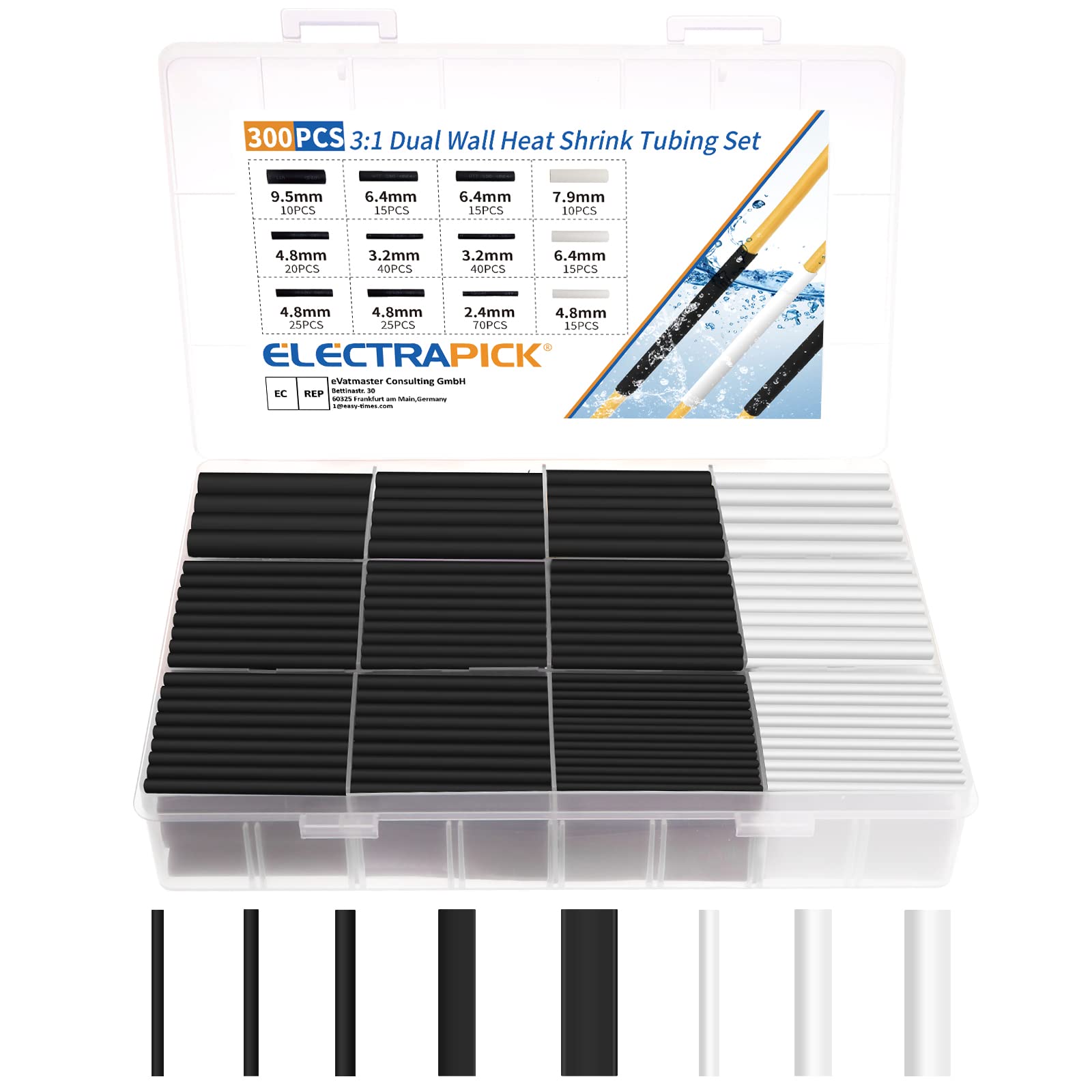 electrapick Heat Shrink Tube Set 300 Pieces Cable Repair Kit with Adhesive Shrink Ratio 3:1, Double-Walled Self-Adhesive Lined, 6 Sizes, 2 Colours (Black, White)