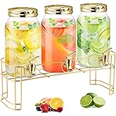 Tanlade 3 Pcs Plastic Drink Dispenser with Stand Beverage Dispenser with Sturdy Metal Base Juice Dispensers for Parties Lemonade Jar Spigot for Weddings Countertop, Each 1 Gallon(Gold)