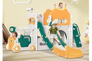 Babytronic Toddler Slide, 9 in 1 Kids Indoor Bus Slide for Toddlers 1-3, Baby Indoor Outdoor Slide with Basketball Hoop and Bus Play House, Bus Toddler Slide Playset Toddler Playground (Green&Yellow)