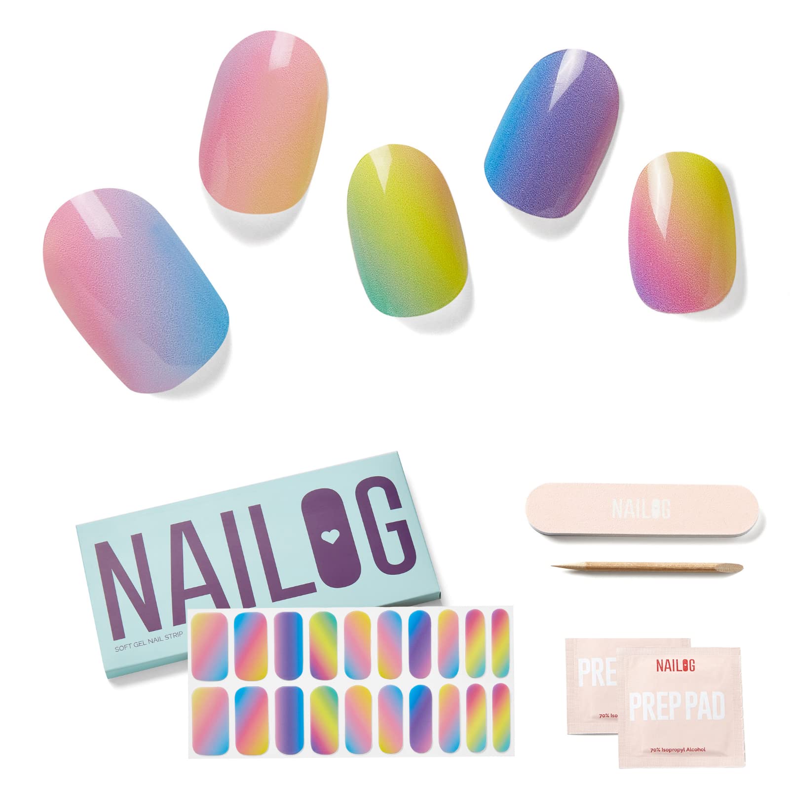 NAILOG Semi Cured Gel Nail Strips, Extra Long Nail Polish Strips (20 Pieces), Long Lasting Semi Cured Nail Stickers with Soft Glossy Gel Finish, Rainbow