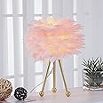 Maxax 14.5" Pink Feather Table Lamp, Small Gold Tripod Bedside Nightstand Lamp with Feather Shade for Living Room, Dining Room