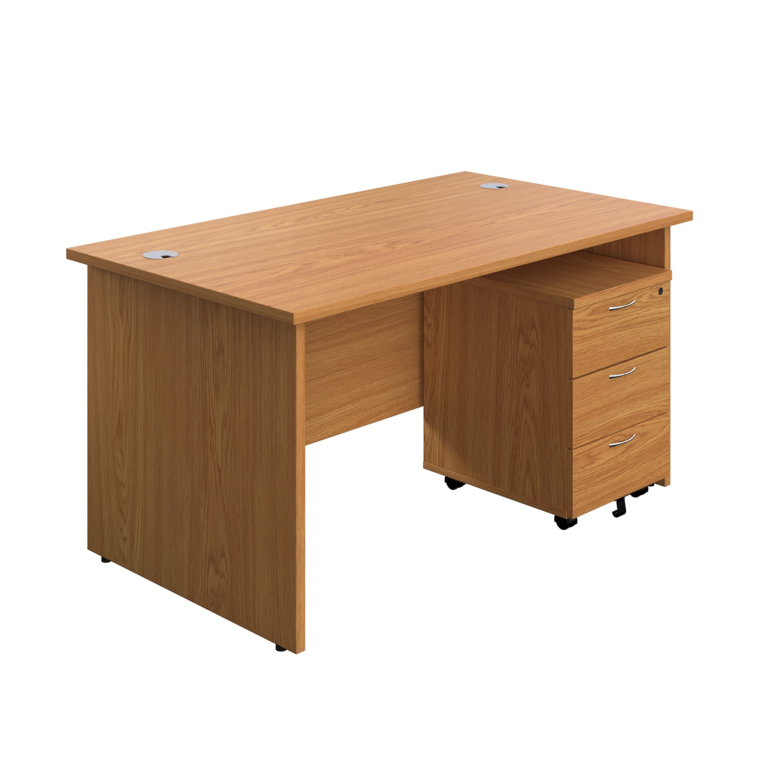 Office Hippo Panel Desk with 2 Mobile Storage Including Filing Drawer, A4, Foolscap, MFC, Oak, 140 x 80 x 73 cm