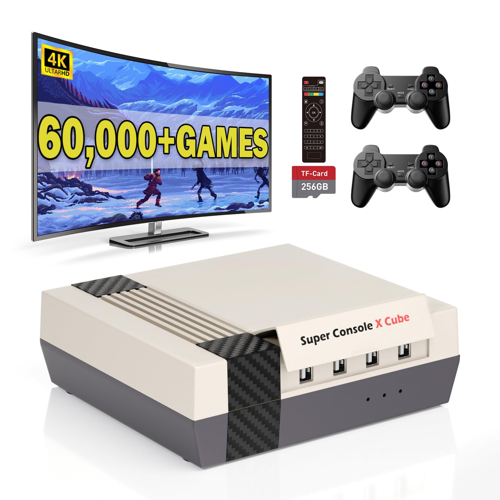 Super Console X Cube Retro Game Console Video Games Consoles with 60,000+ Classic Games,Gaming Consoles,Plug Play game System, 2 Wireless Game Controllers（256G）