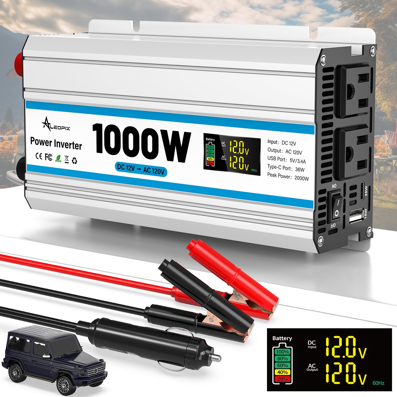 Photo 1 of 1000W Car Inverter 12V to 110V DC to AC Power Inverters for Vehicles with 2 AC Outlets/36W PD USB-C/18W QC USB-A Fast Charging/Cigarette Lighter/LED Display/100A Cables 1000 Watt Inverter
