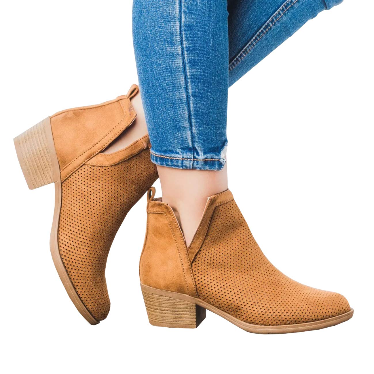 Womens Perforated Cutout Fall Booties Chunky Block Heels Slip on Ankle Short Boots