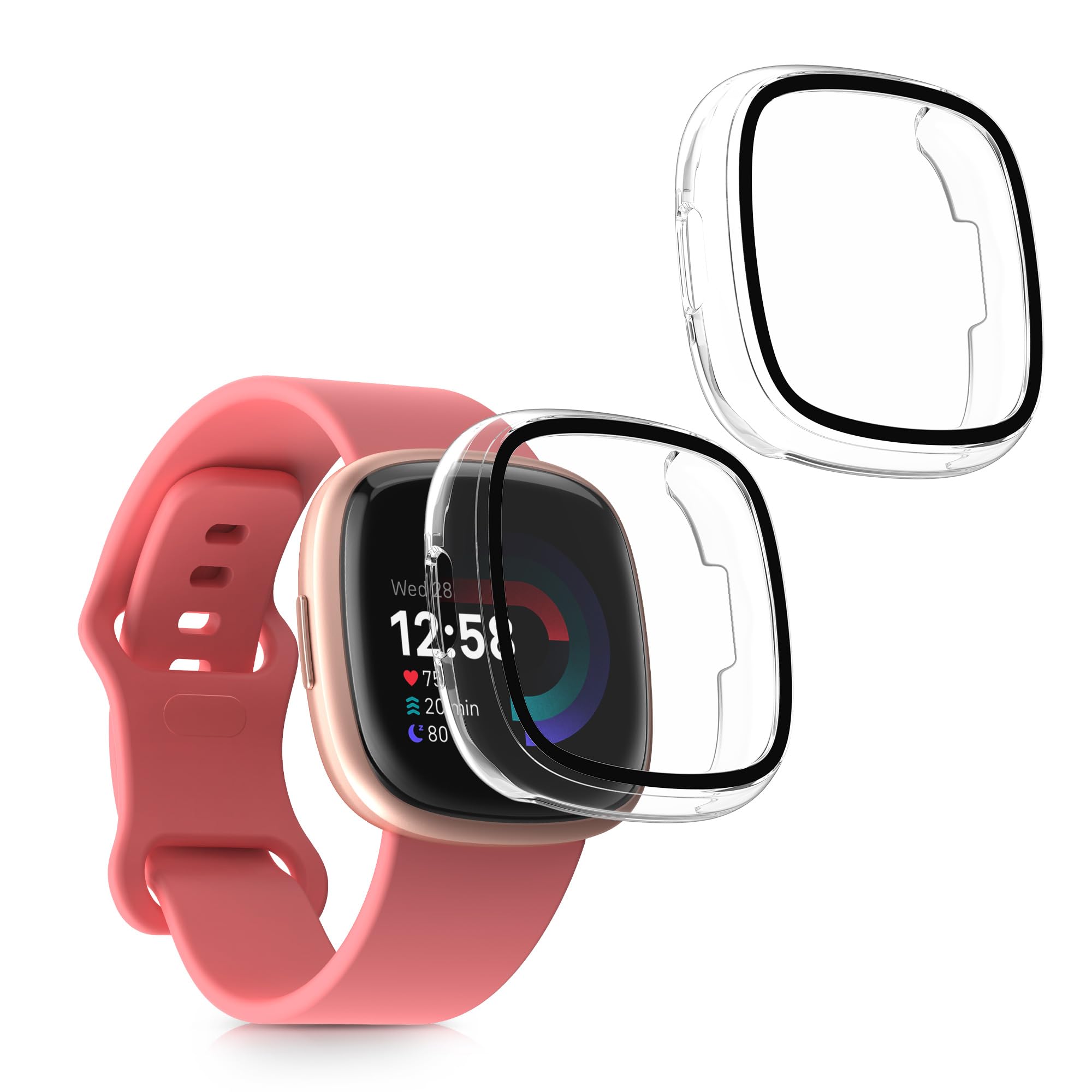 kwmobile Cover Compatible with Fitbit Versa 4 / Sense 2 Covers - 2x Tempered Glass with Plastic Frame - Transparent — image 1