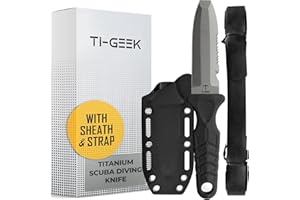 TI GEEK Titanium Survival Scuba Diving Knife Fixed Blade Dive Knife with Sheath & Straps - Holster on Divers BCD, Thigh/Leg, GC Belt Buckle or Wrist, Cutting, Serrated Edge & Line Cutter