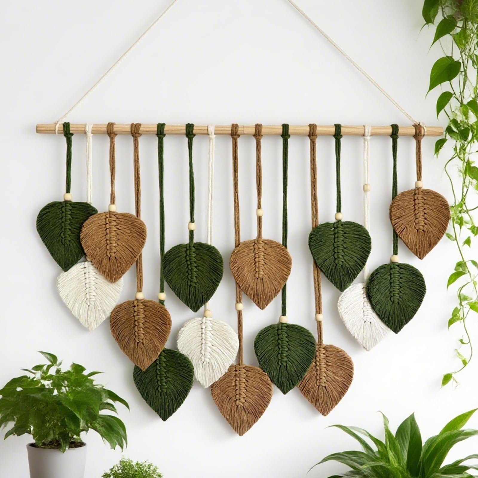 View 1 of ***wooden rod is broken***MSFENG Wall Hanging Decor Leaves Tapestry Boho Wall Decor Woven Feather Handmade Yarn Tassels Woven Wall Art Decorations for Nursery, Bedroom, Living Room, Apartment Home Backdrop (DeepGreen-M)***wooden rod is broken***