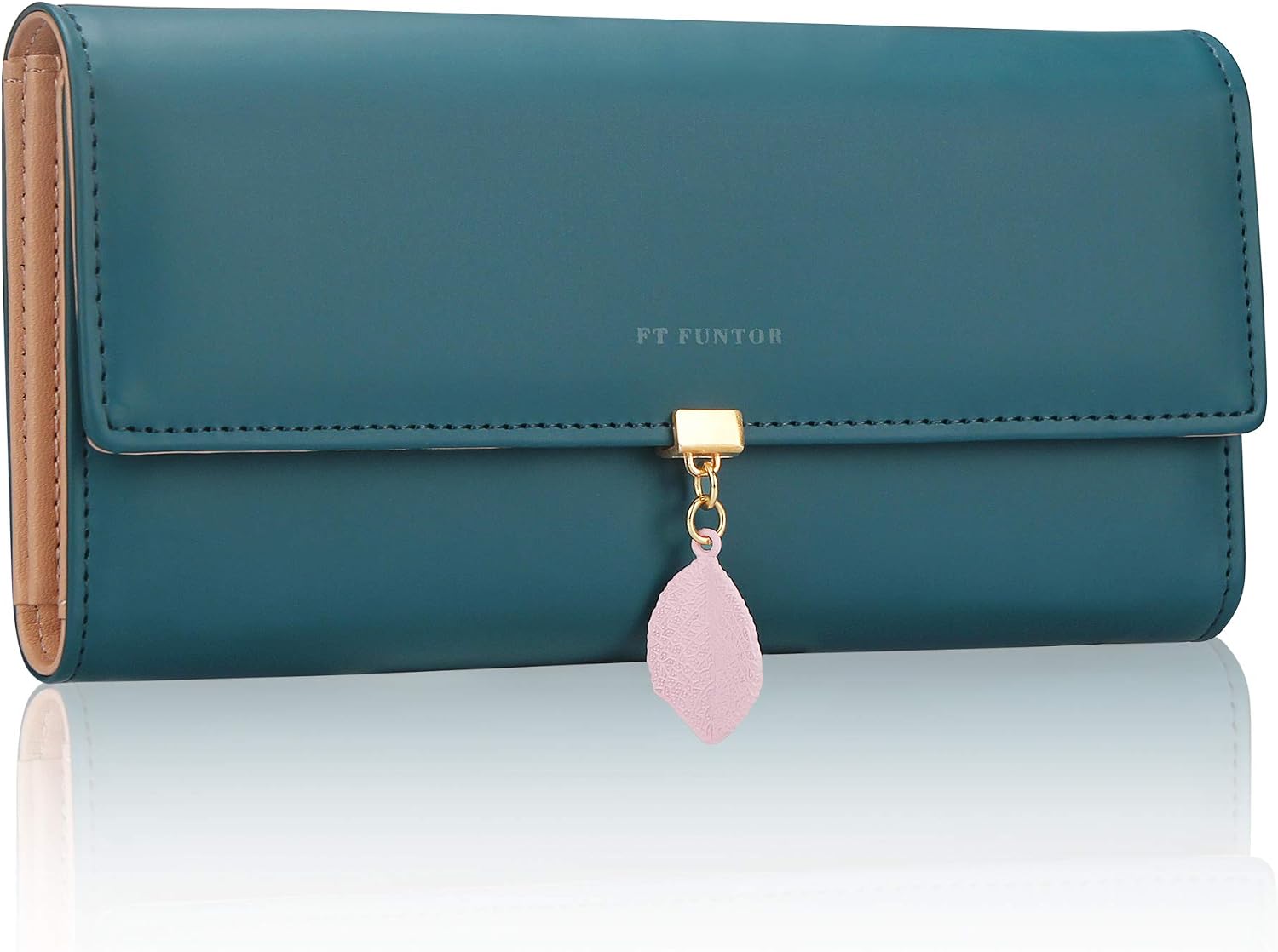 FT FUNTOR PU Leather Wallet for Women RFID Blocking Ladies Leaf Pendant Coin Zipper Long Purse with Multiple Card Slots and Card Holders Phone Pocket(L-Teal Blue)