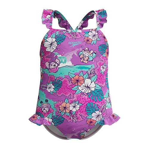 Speedo Girls Learn to Swim Printed Frill Thin Strap Swimsuit | Chlorine Resistant | Quick Drying, Neon Violet, 3YRS