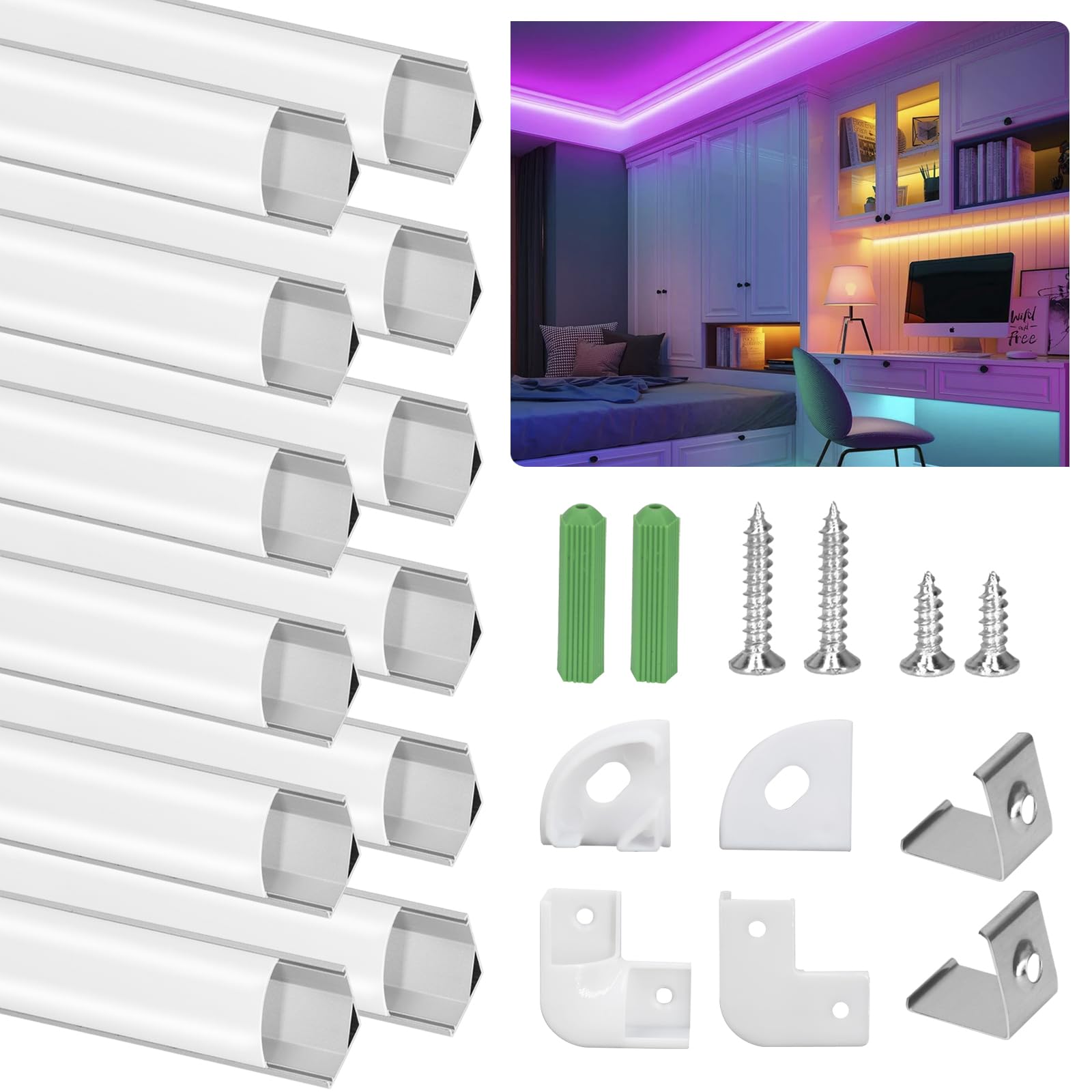 SENXINGYAN LED Aluminium Profil 1m, 12 Pack V-Form LED Profil/LED-Kanäle mit Milchig Weißer Abdeckung, LED-Diffusoren mit Endkappen, Montageclips und Eckverbindern