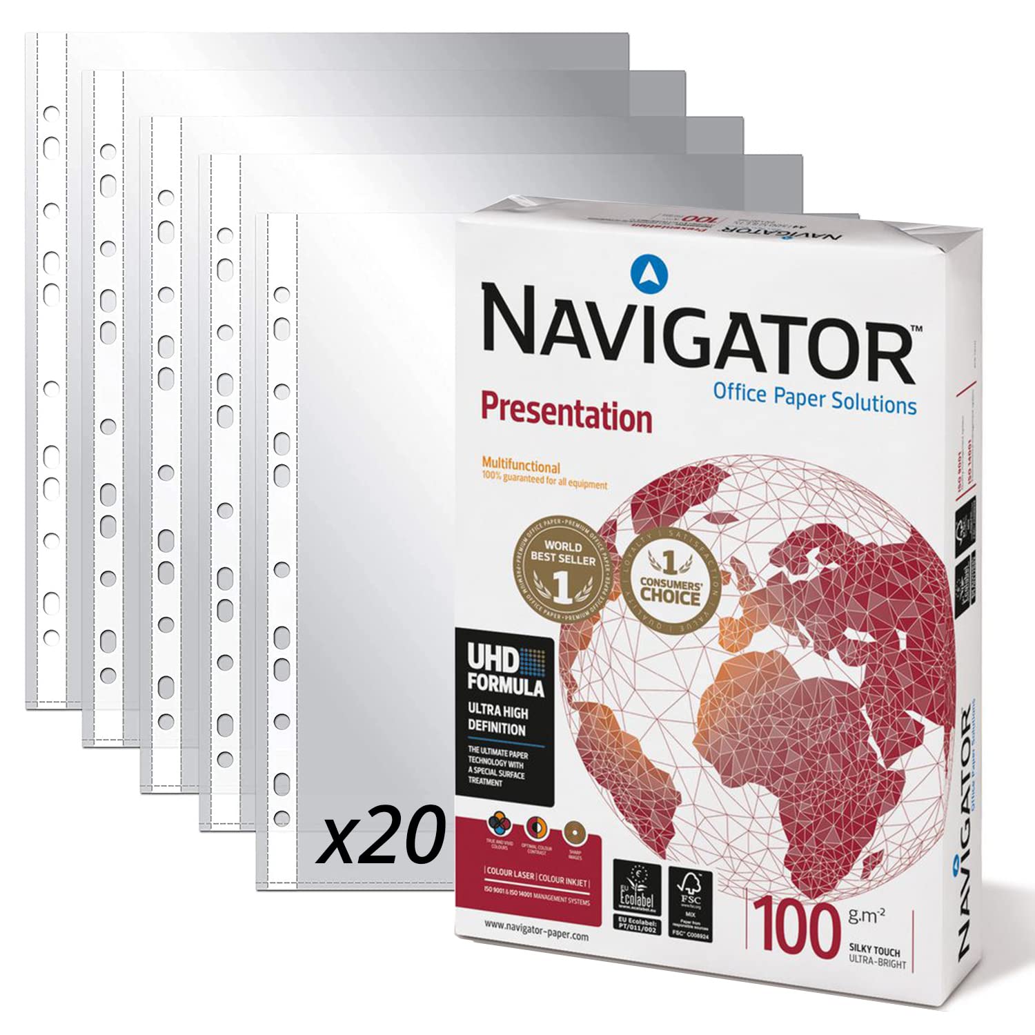 Pack of 500 Universal A4 Navigator Sheets 100 g + 20 Plastic Multi-Drill Sleeves for Papers, Pack with DIN A4 Sheets – Ophituria (500 Sheets + 20 Sheets)