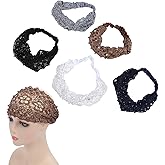 ZJchao Lace Elastic Headband, 5Pcs Wide Floral Lace Hair Accessories with Pearl Trim for Women in Black, White, Coffee, Navy Blue, Grey